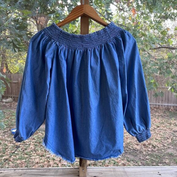 One X Oneteaspoon Women's Blue Denim Raw Hem Blouse Size S - Picture 2 of 7